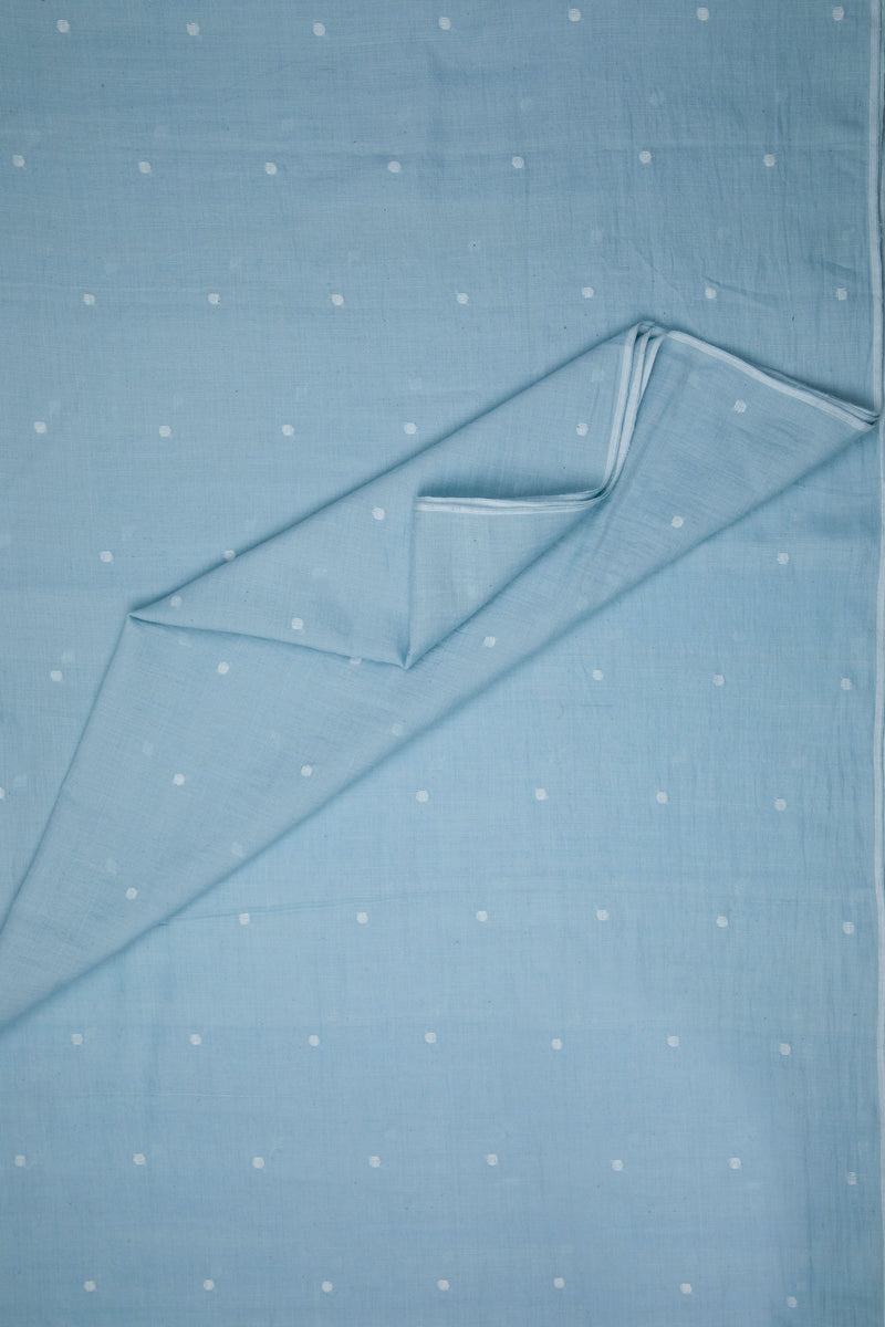 Naturally dyed indigo Jamdani fabric with dot motifs, lightweight cotton for blouses and crafts.