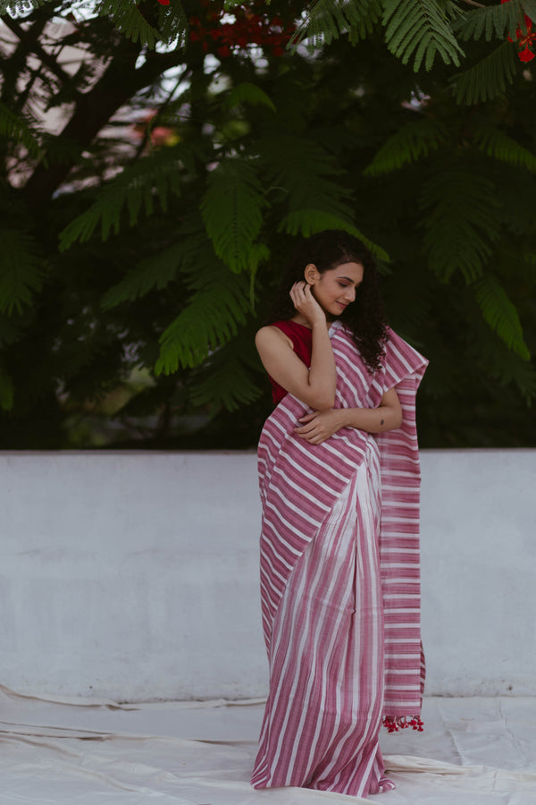 Handloom saree in magenta pink and white vertical stripes