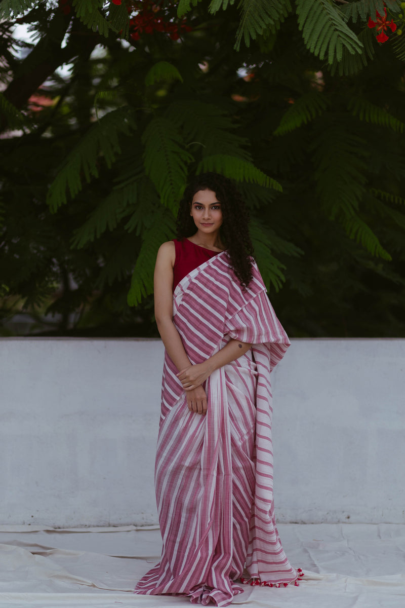 Sustainable handloom cotton saree with rose pink stripes
