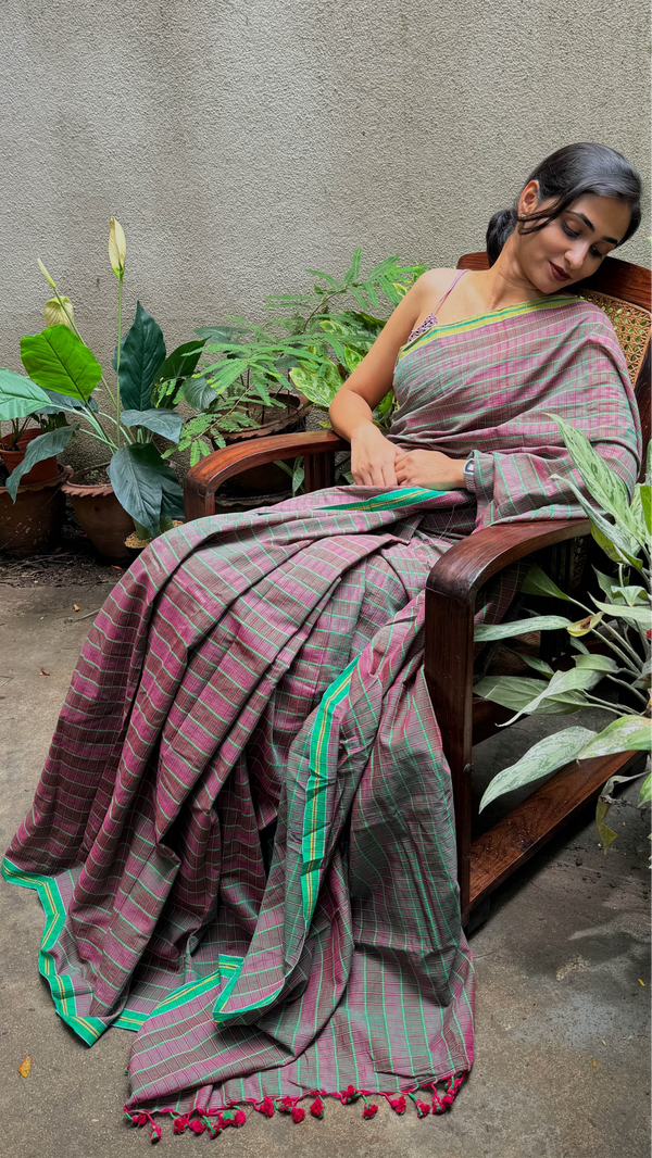 Handloom cotton saree with green, pink, and yellow checks and tassel border