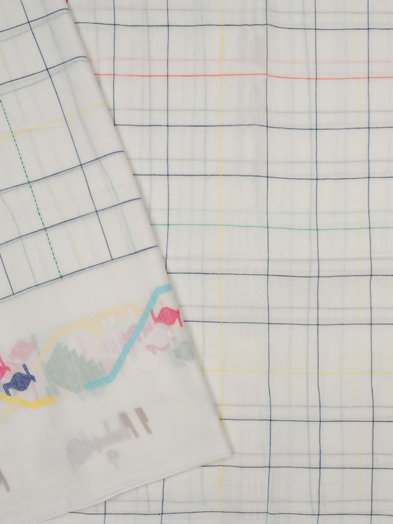 Multicolor Jamdani cotton saree with bright checkered pattern and traditional pom-pom tassels by varsaaedit