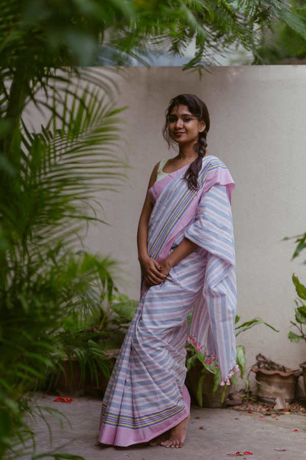 Handloom multicolour pastel striped cotton saree for summer wear