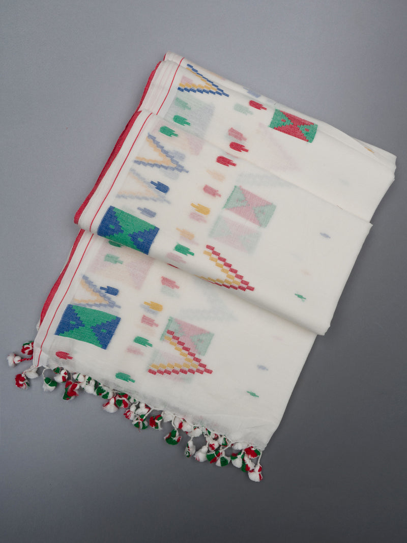 unique jamdani saree with colorful pattern weaves and tassels on a gray background from varsaaedit