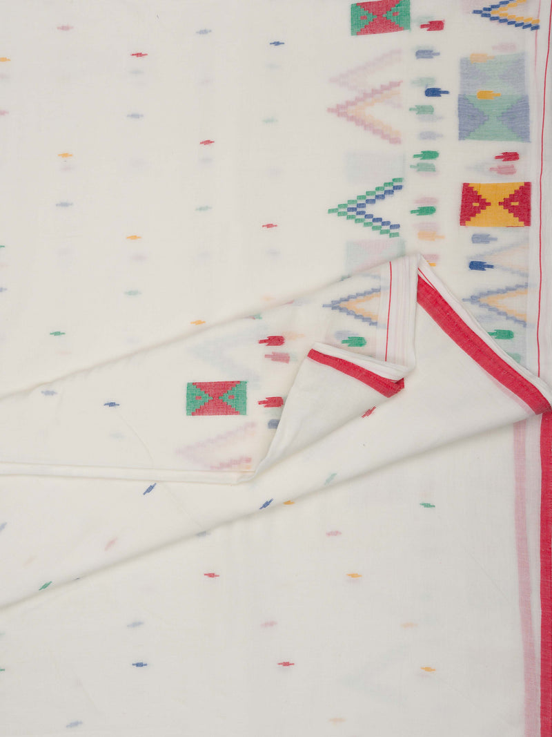 jamdani saree with colorful geometric weave patterns on a white khadi cotton saree at varsaaedit
