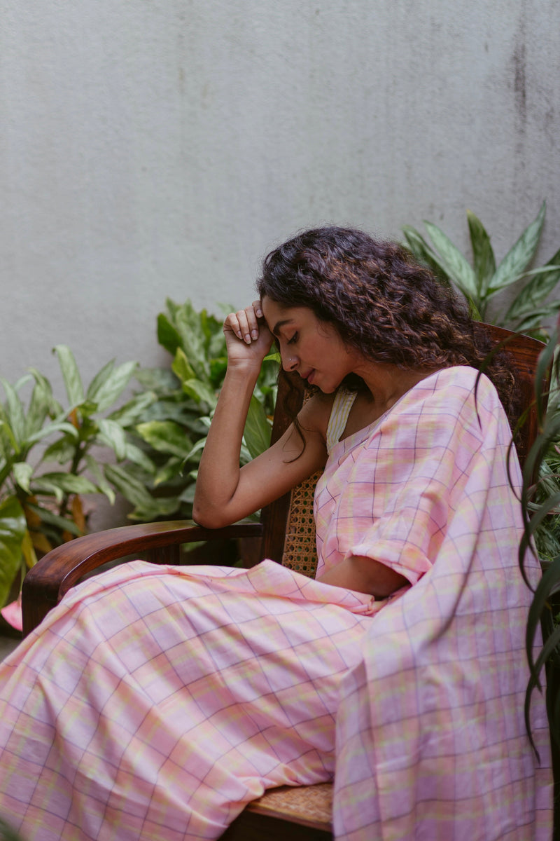 Handloom cotton saree in pastel pink with yellow stripes – elegant drape