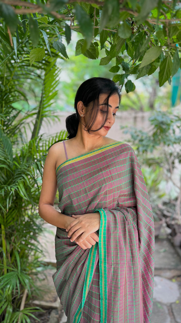 Traditional South Indian cotton saree with colorful grid pattern