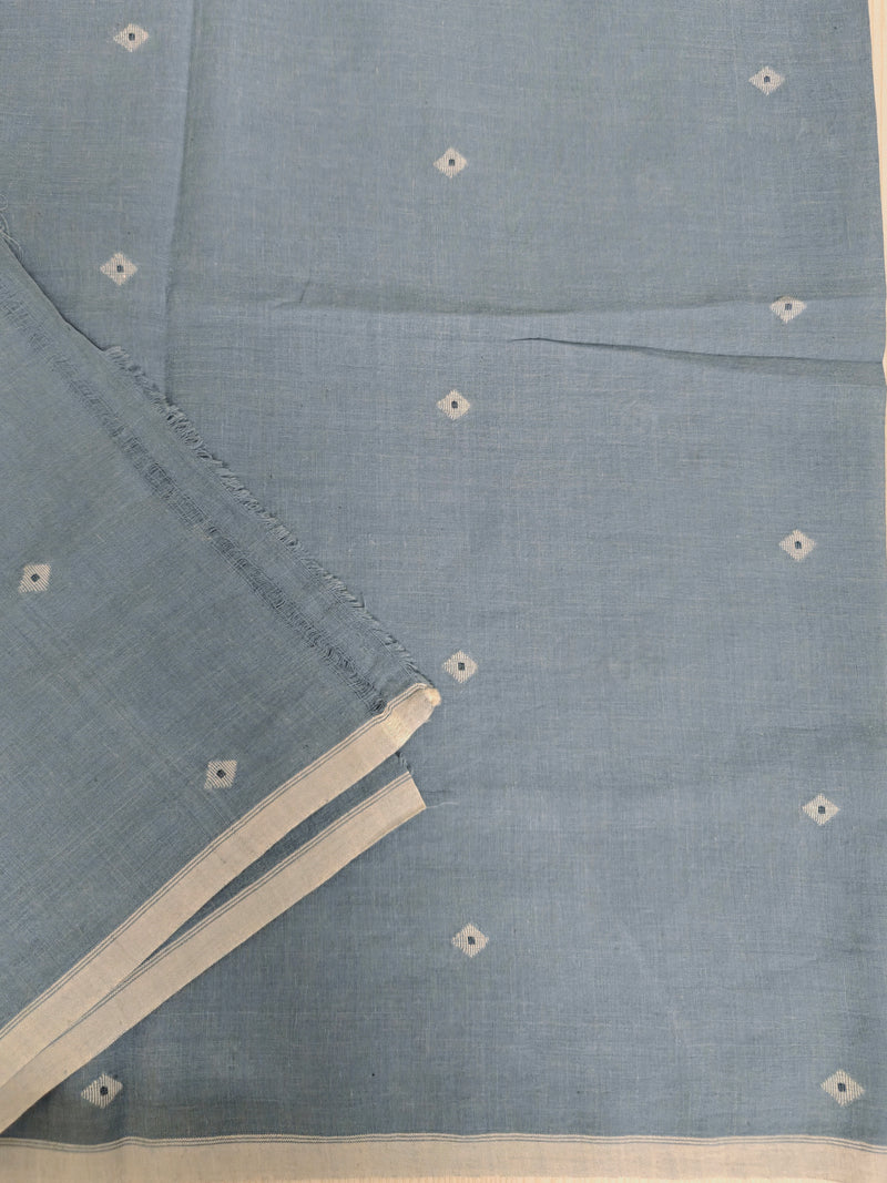 Indigo Handloom Cotton Jamdani Fabric with Small Motifs
