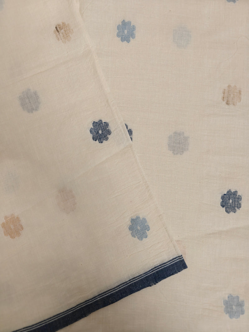 White Handwoven Jamdani Fabric with Indigo and Golden Zari Floral Motifs