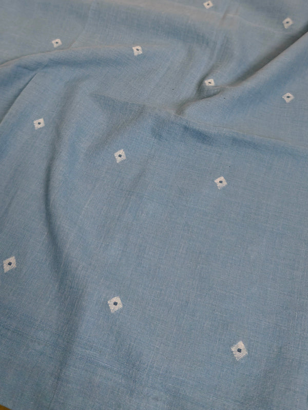 Indigo Handloom Cotton Jamdani Fabric with Small Motifs