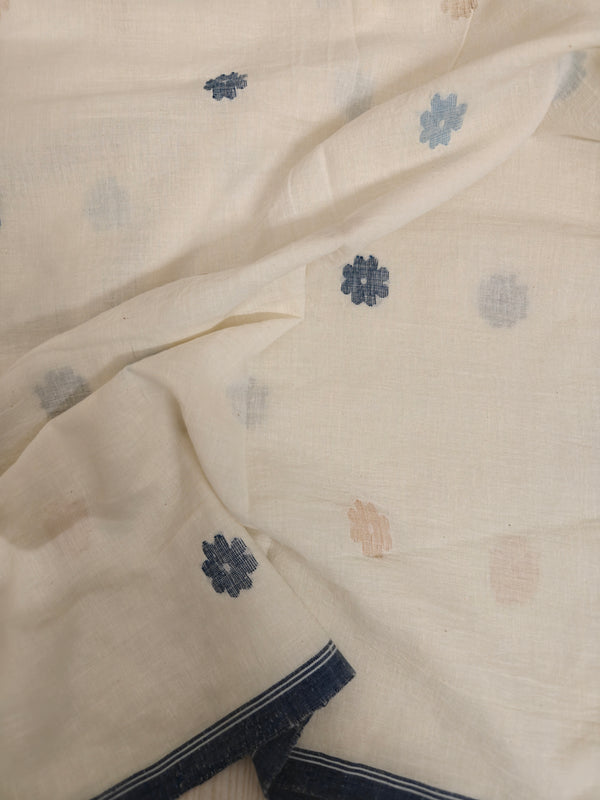 White Handwoven Jamdani Fabric with Indigo and Golden Zari Floral Motifs