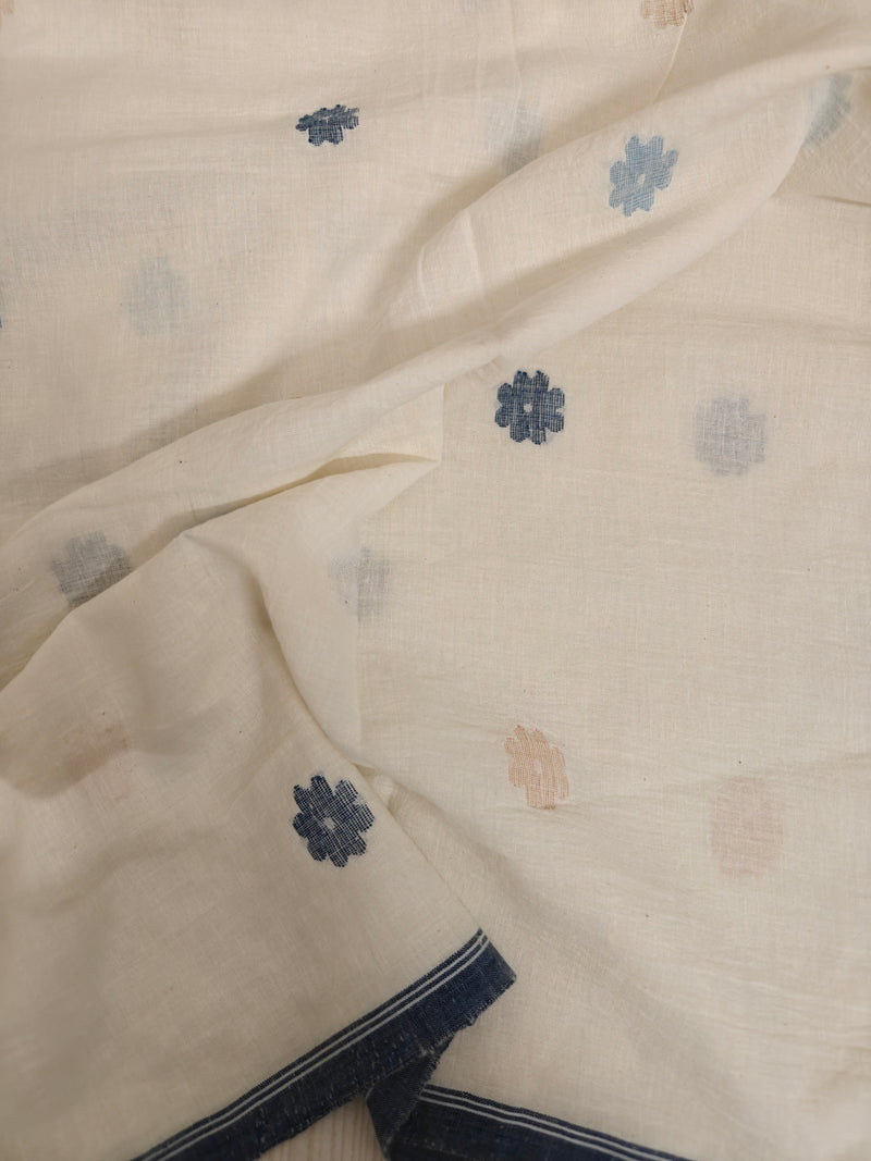 White Handwoven Jamdani Fabric with Indigo and Golden Zari Floral Motifs