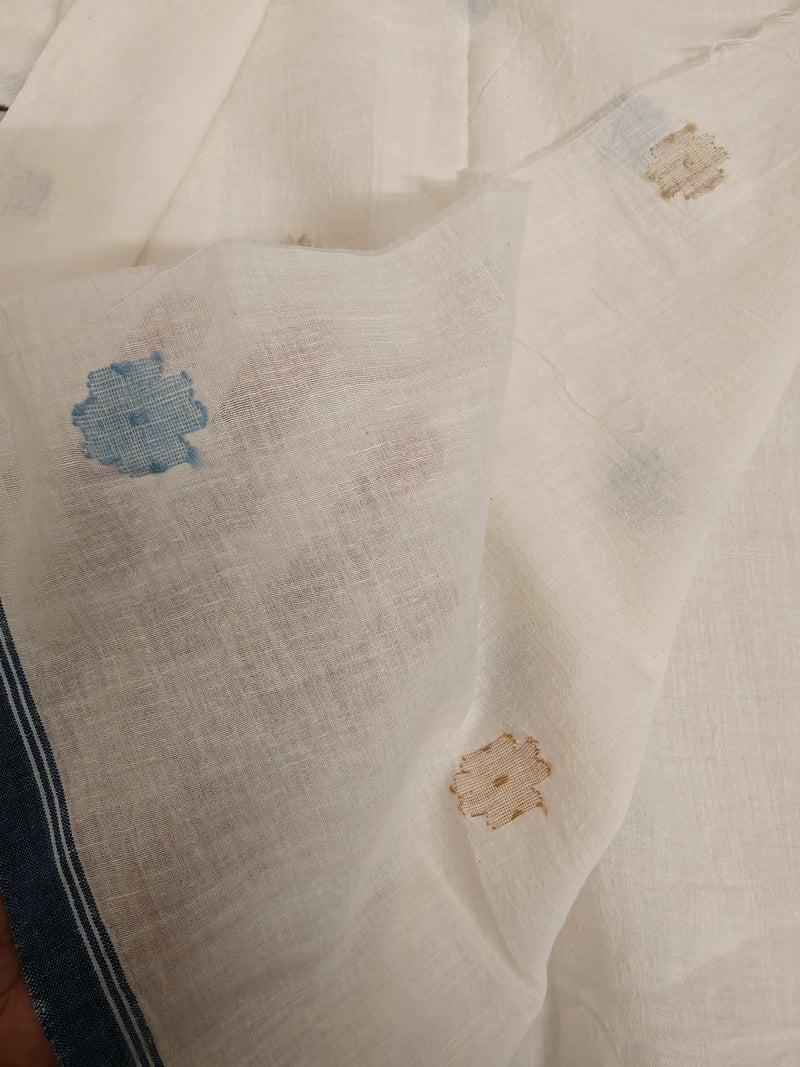 White Handwoven Jamdani Fabric with Indigo and Golden Zari Floral Motifs
