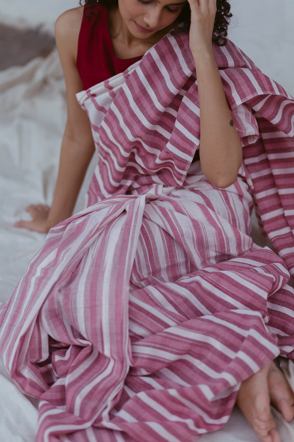Rose pink and white striped handloom cotton saree with classic weave