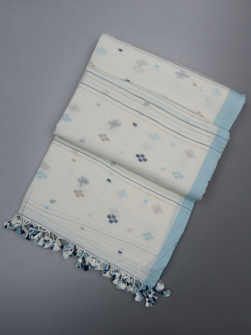 Detailed view of the saree's pallu showcasing indigo floral and striped Jamdani patterns from VarsaaEdit