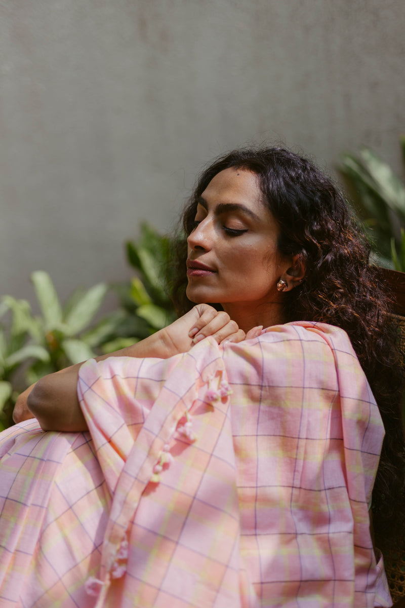 Pastel pink and yellow check cotton saree for summer wear