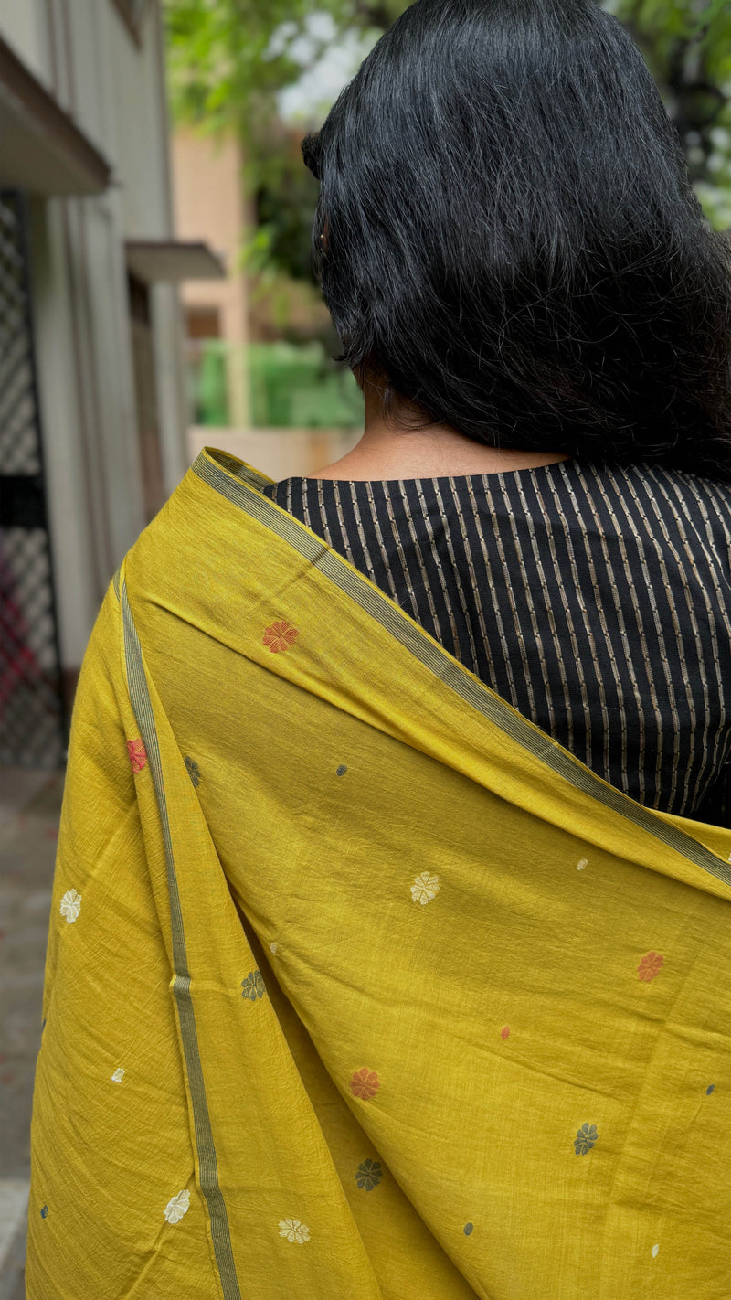 Soft Yellow Cotton Saree with Multicoloured Floral Jamdani Weaving and Tassels