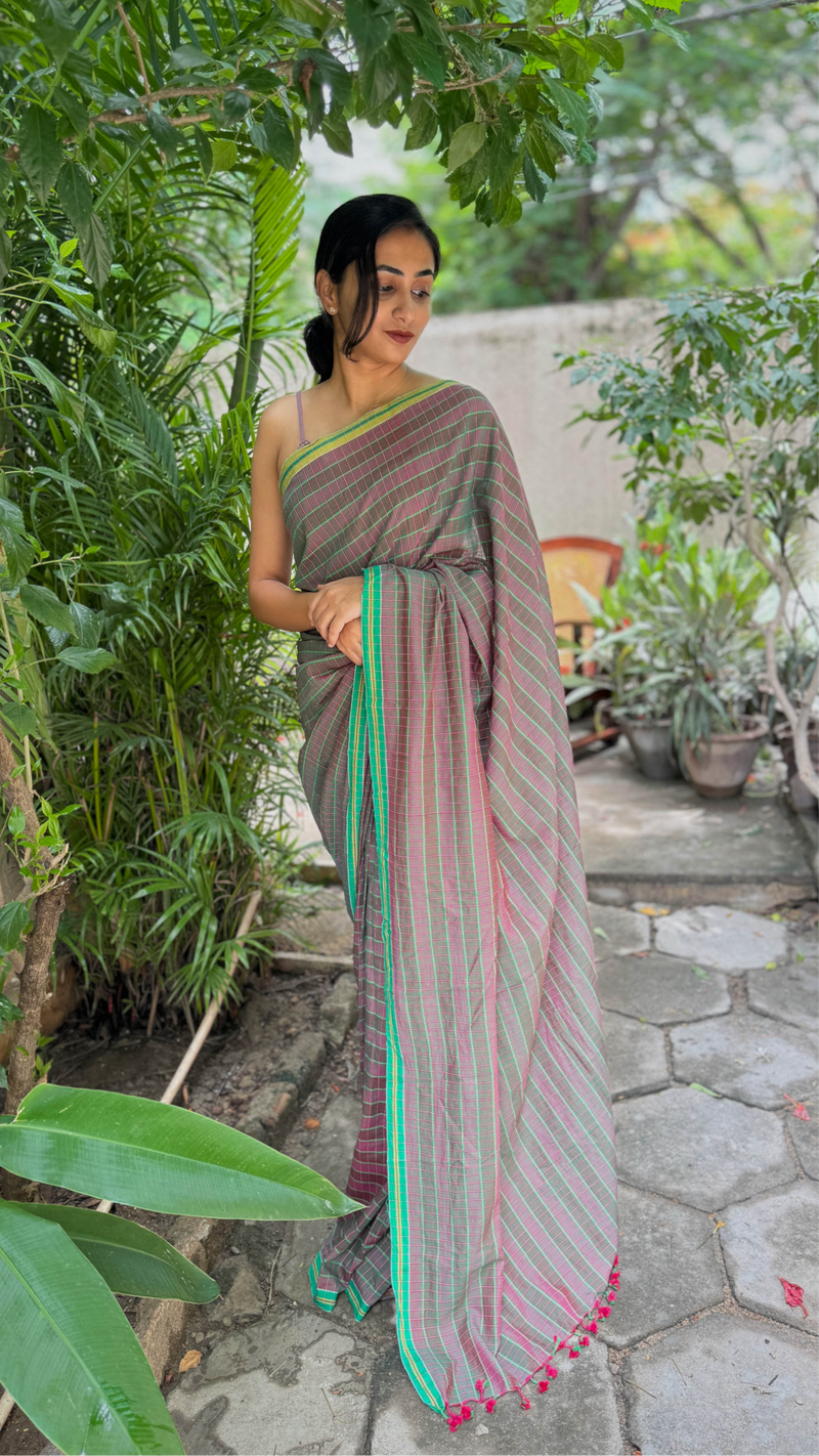 Multi-color checkered cotton saree with handwoven pallu and contrast border