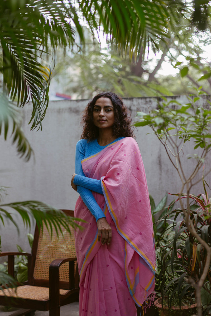 Soft cotton Jamdani saree in pink with romantic heart detailing