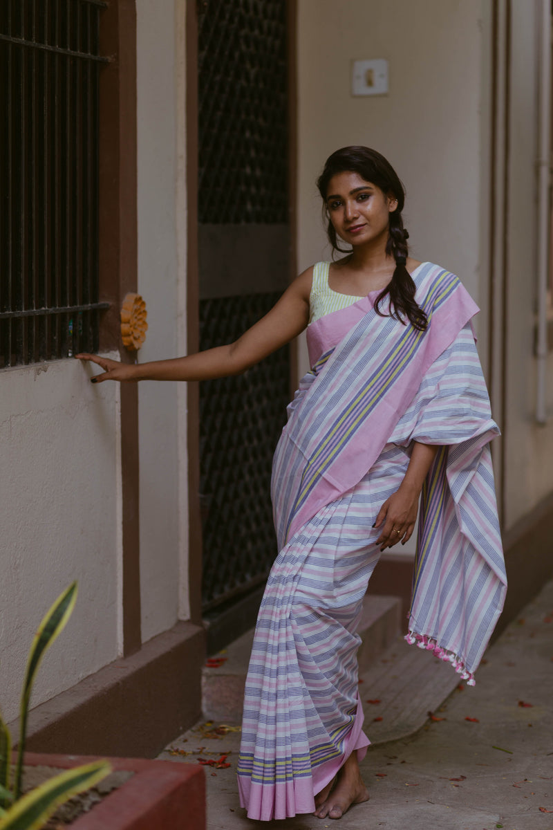 Soft pastel striped cotton saree for ethnic and casual occasions