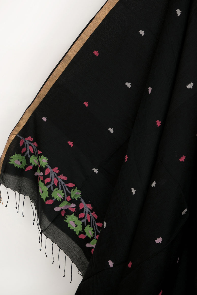 Soft Khadi Jamdani Saree in Black with Vibrant Pink and Green Flowers