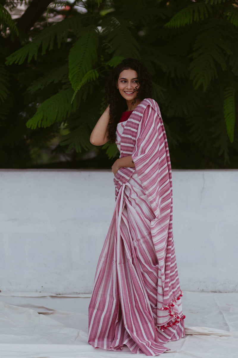 Minimalist pink and white striped saree crafted in handloom cotton
