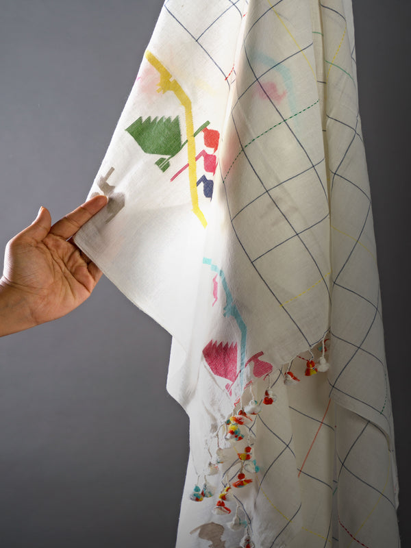 Detailed view of vibrant multicolor checks on a handloom cotton saree with contrasting thread embroidery and tassels by varsaaedit