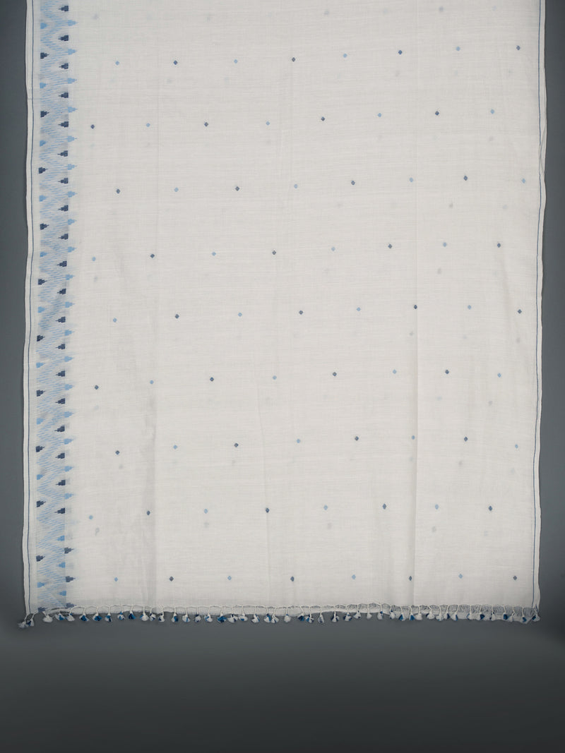 White and indigo Jamdani cotton saree with zigzag border and small temple motifs, elegant ethnic wear by varsaaedit