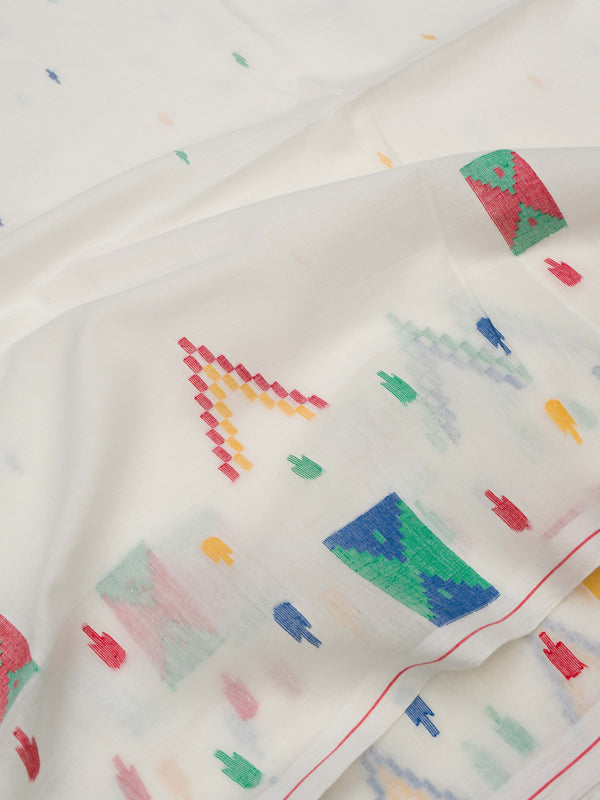 Colorful geometric pattern on a white jamdani saree from varsaaedit