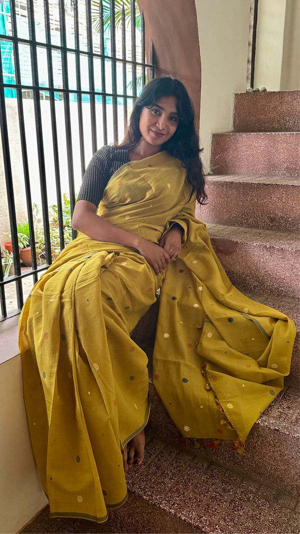 Yellow Multicolour Floral Handloom Cotton Jamdani Saree with Tassel Detail