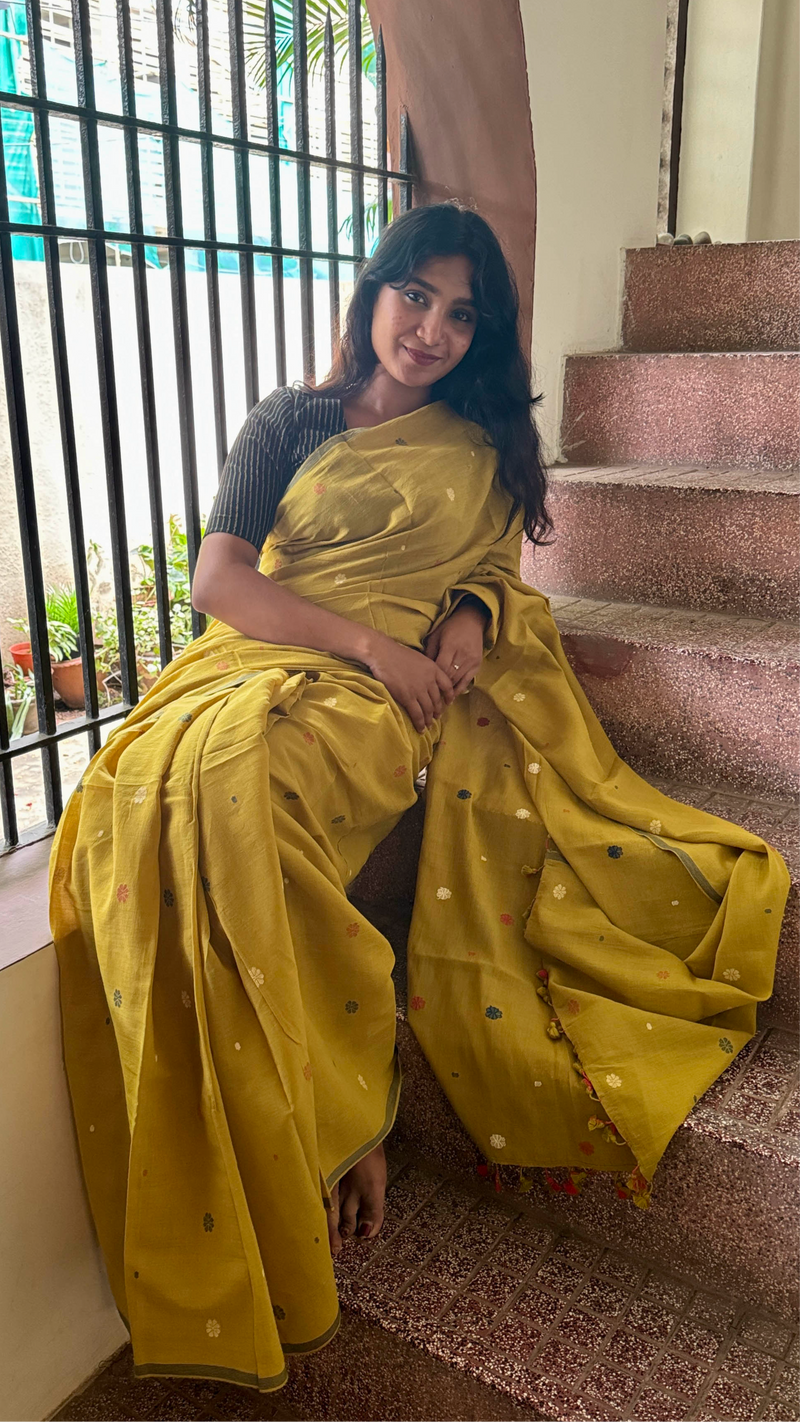 Yellow Multicolour Floral Handloom Cotton Jamdani Saree with Tassel Detail