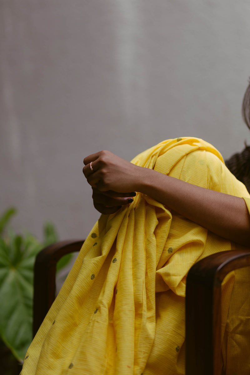 Stylish yellow polka dot Khadi Jamdani saree for festive occasions, traditional Indian saree online