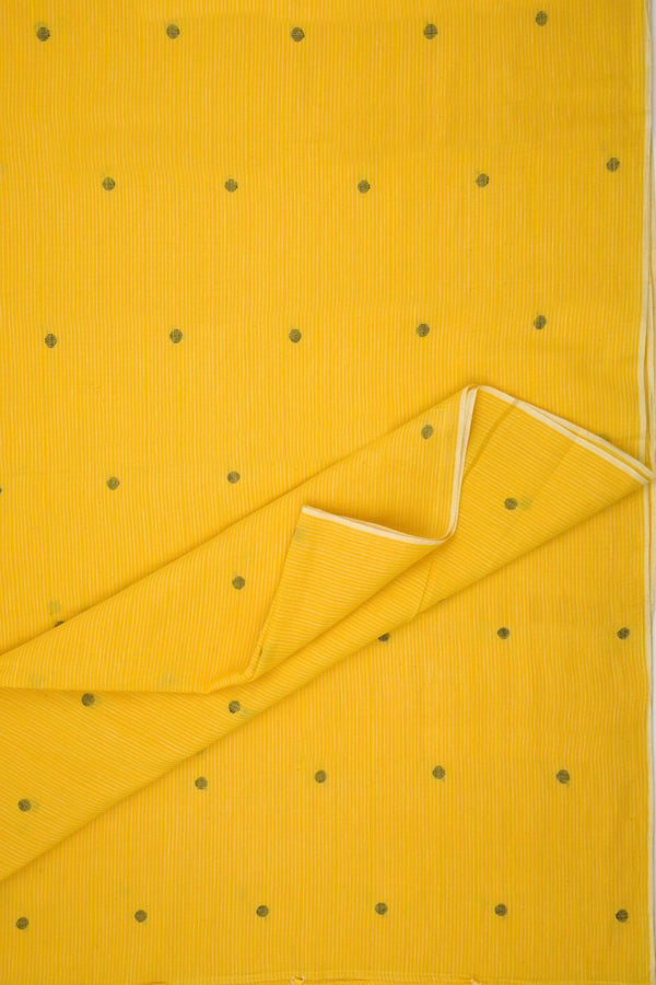 Marigold yellow Jamdani fabric with black polka dots, naturally dyed cotton from India.