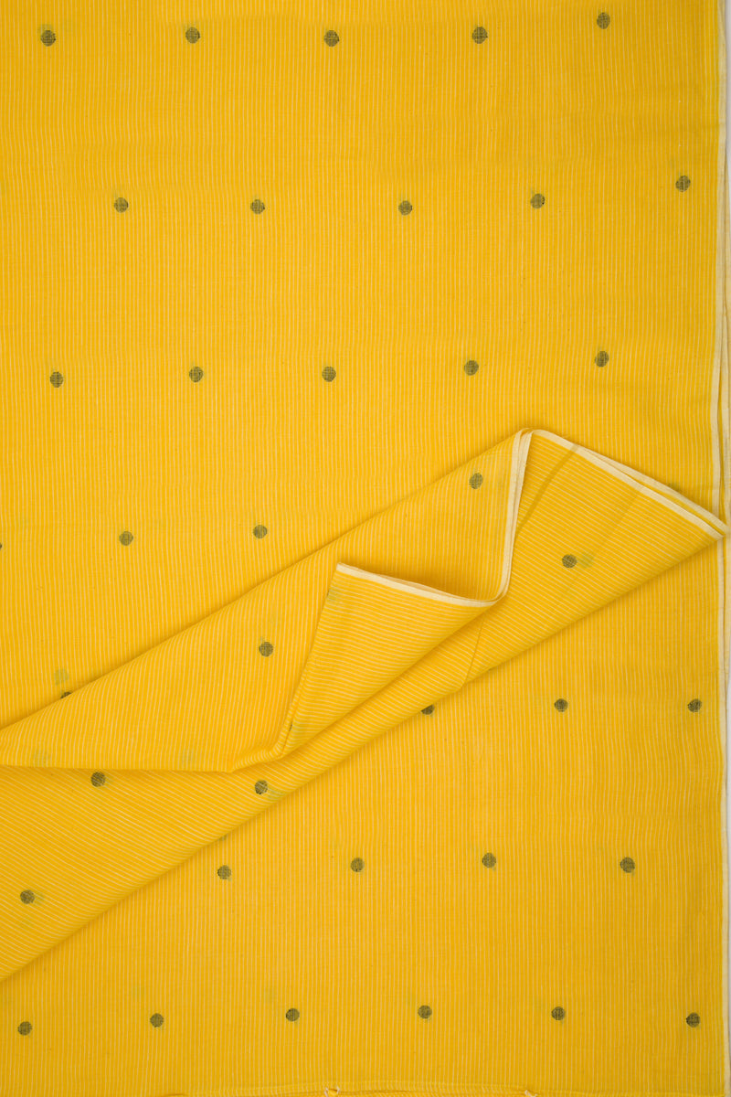 Marigold yellow Jamdani fabric with black polka dots, naturally dyed cotton from India.