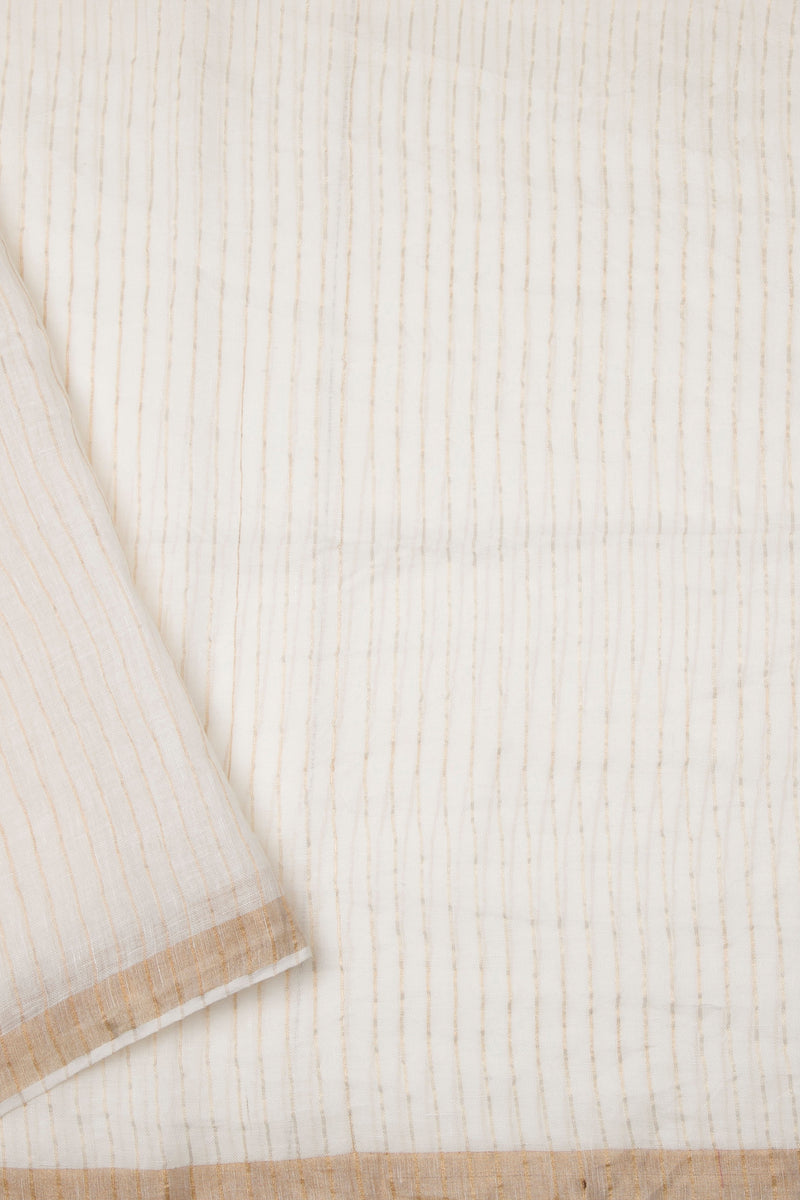 Handwoven Off-White Linen Silk Saree with Zari Border & Striped Blouse