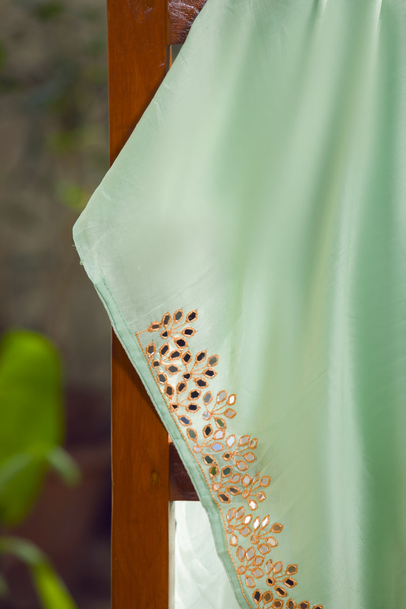 Beautiful Moroccan Green Organza Saree with Intricate Mirror Embroidery