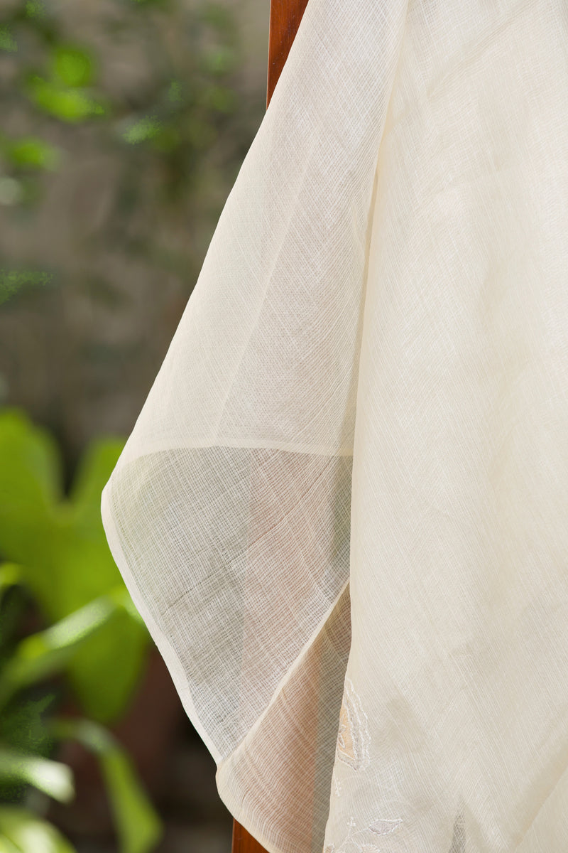 Classic Pure Off-White Kota Silk Saree with Floral Embroidery and Lace Detailing