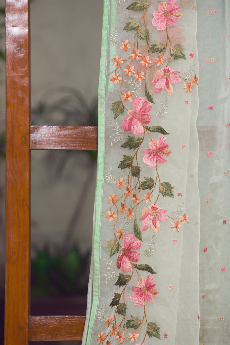 Delicate Organza Saree with Handcrafted Floral Design and Green Edges