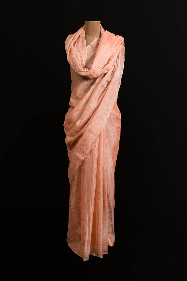 Designer Peach Linen Tissue Saree for Festive Occasions and Weddings