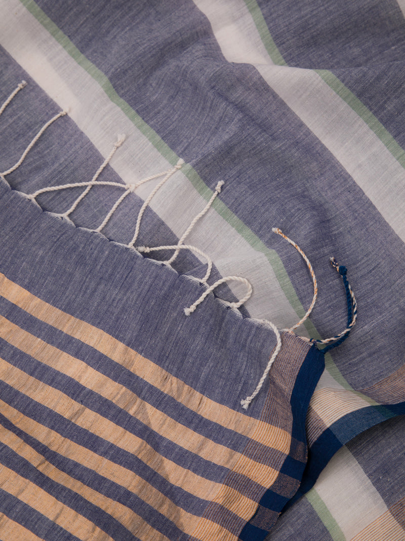 Elegant handwoven cotton saree with navy borders and pastel stripes