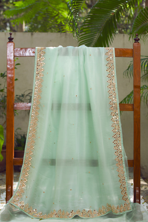 Elegant Organza Saree in Moroccan Green with Mirror Detailing