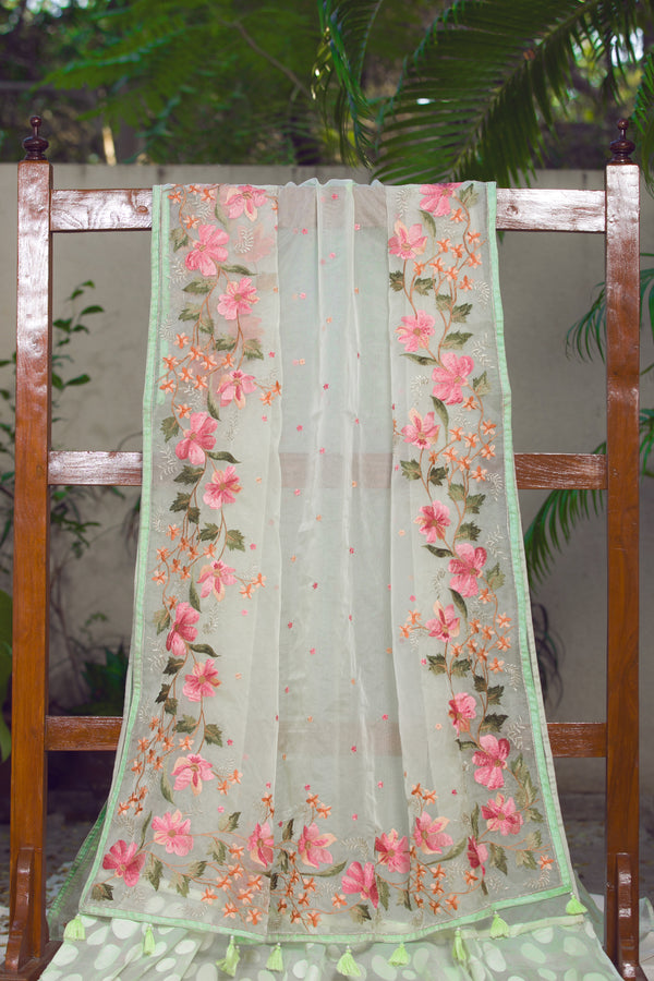 Elegant Organza Saree with Pink Floral Embroidery and Green Accents