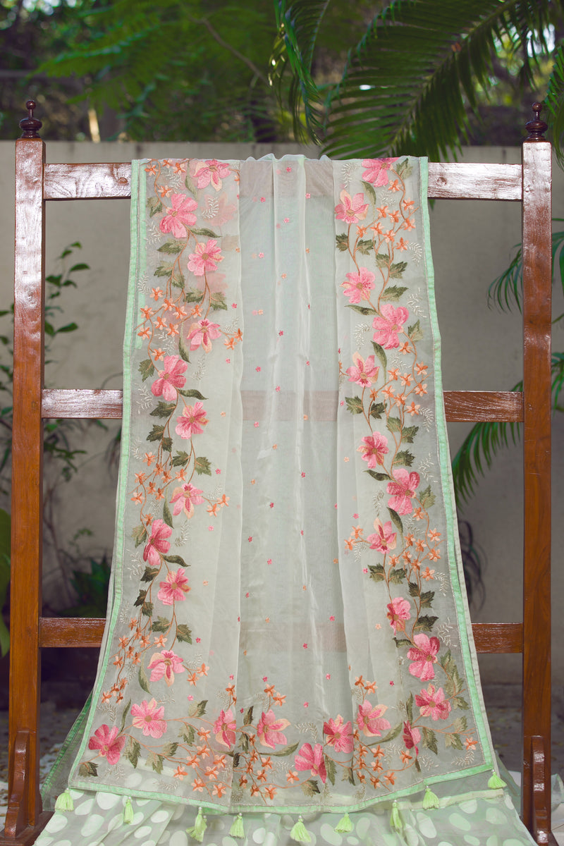 Elegant Organza Saree with Pink Floral Embroidery and Green Accents