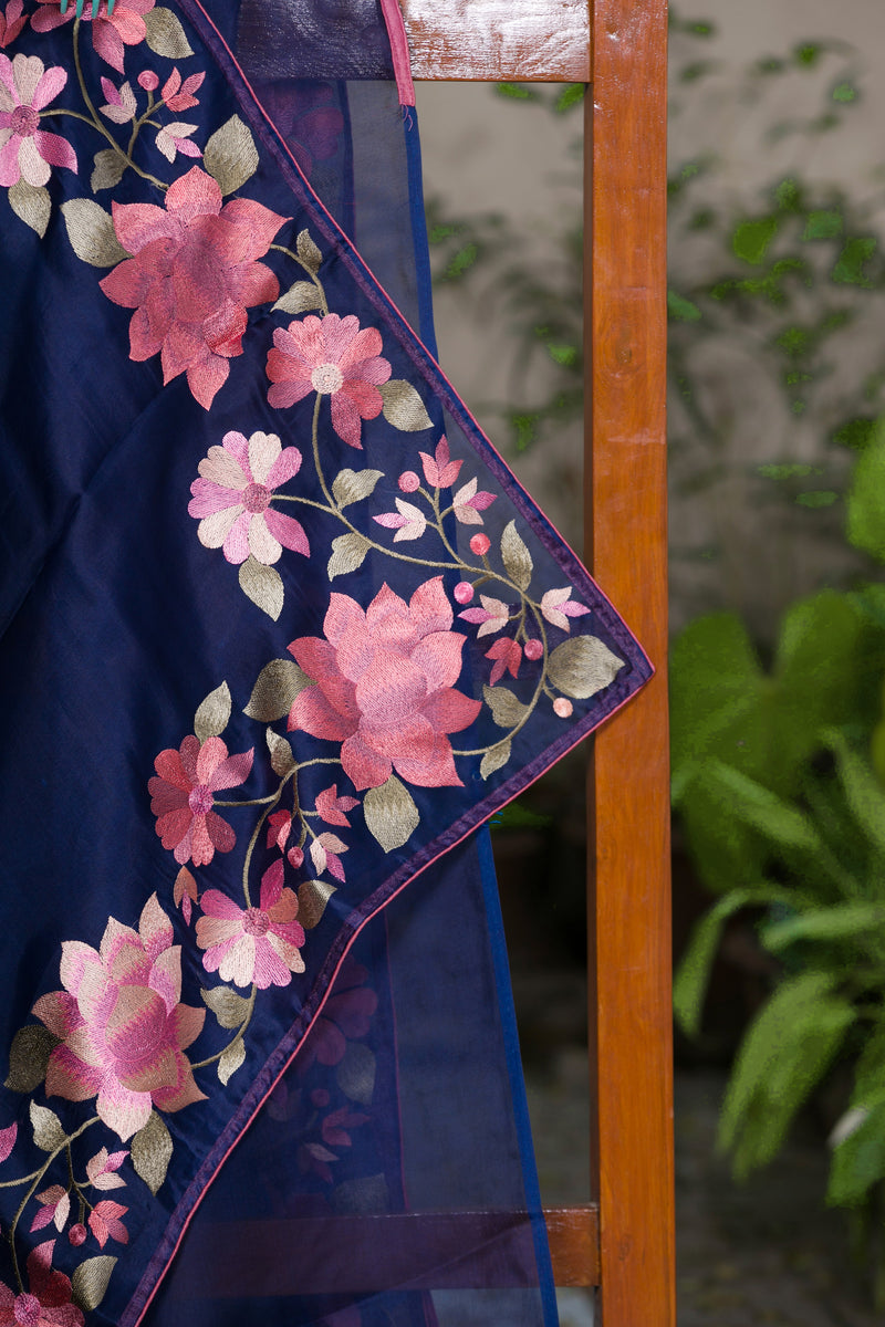 Elegant Rosealine Blue Organza Saree with Handcrafted Floral Embroidery