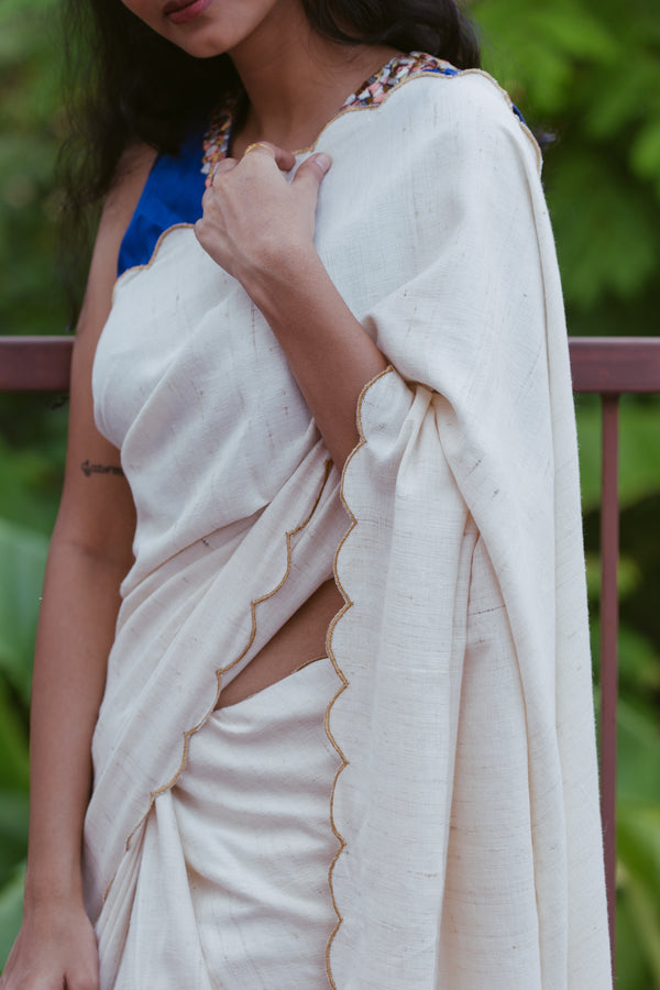 Elegant White Silk Cotton Saree with Gold Border Detailing