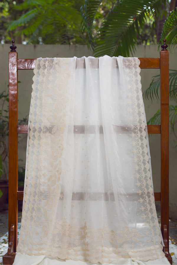 Elegant White Silk Organza Saree with Floral Embroidered Border – Featuring delicate beige floral embroidery along the border of a white silk organza saree.