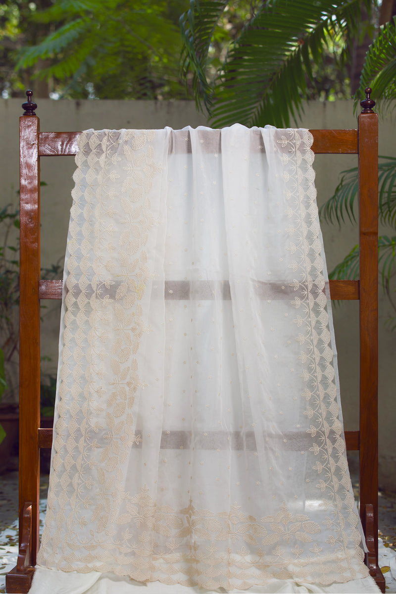 Elegant White Silk Organza Saree with Floral Embroidered Border – Featuring delicate beige floral embroidery along the border of a white silk organza saree.