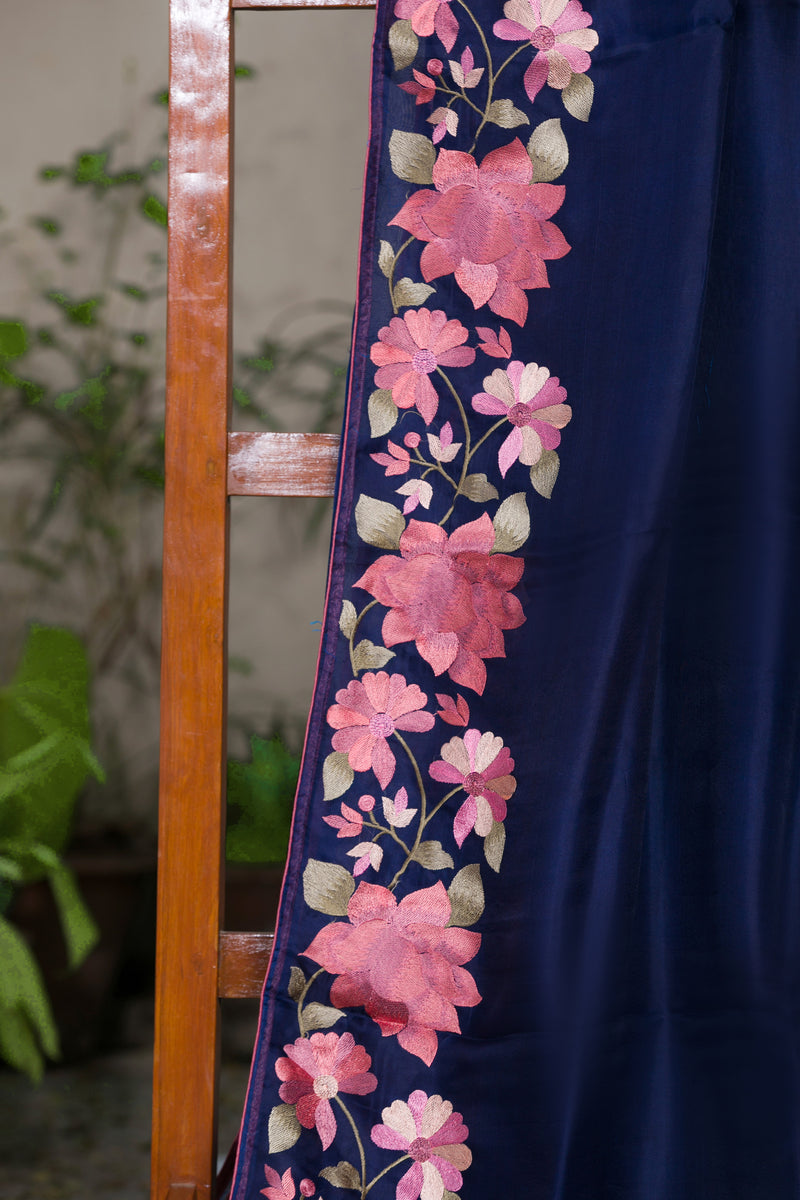 Embroidered Blue Organza Saree with Pink Flower Design