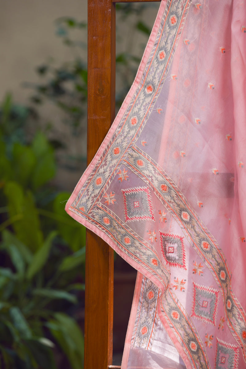 Embroidered Floral Silk Organza Saree in Soft Pink – Close-up of soft pink silk organza saree with floral motifs and detailed embroidery.