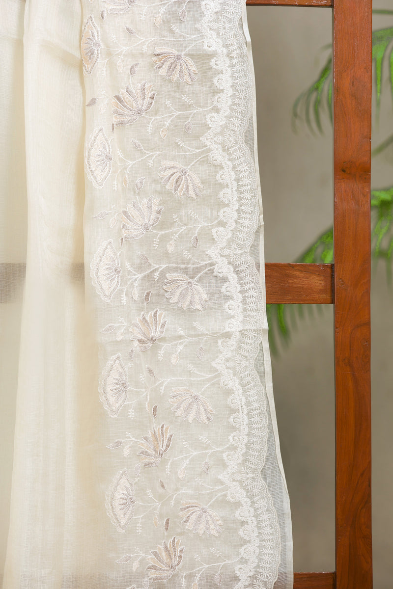 Exquisite Pure Off-White Kota Silk Saree with Floral Lace Border