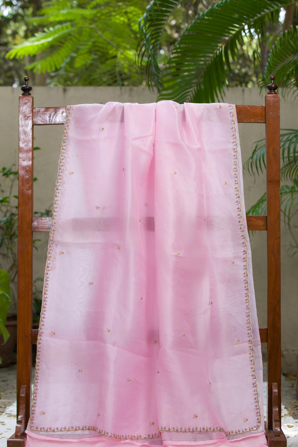 Fairyland Organza Silk Saree with intricate floral embroidery and soft pink color.